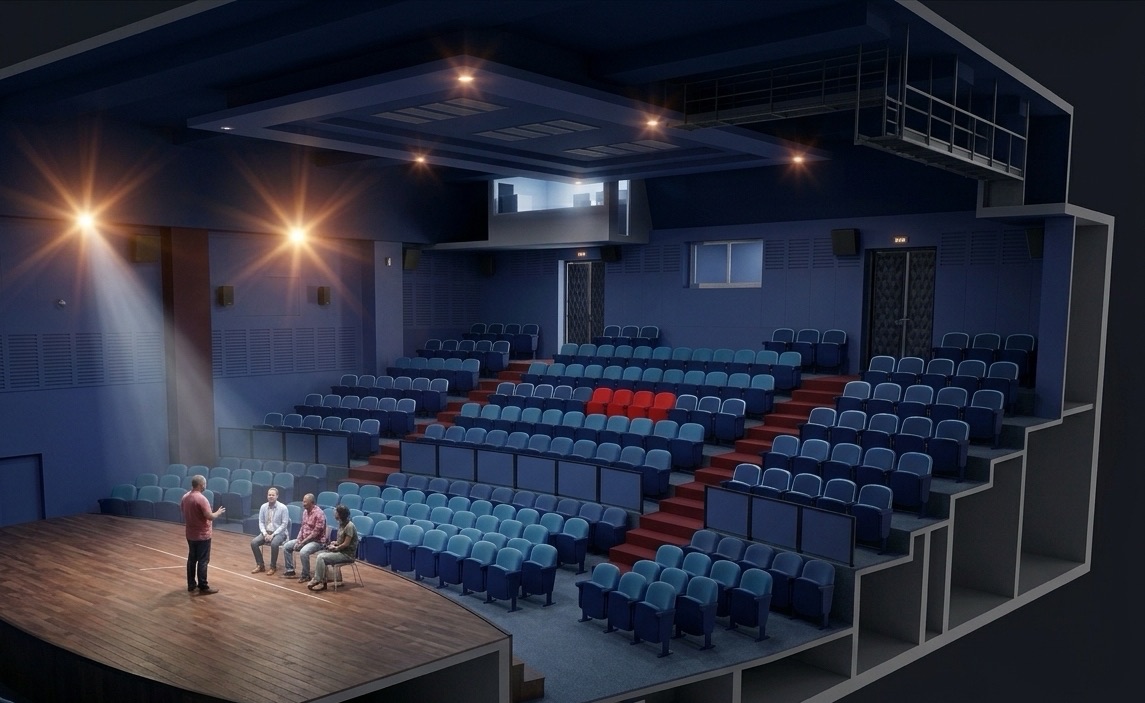 La salle du CinéMadart : la scène, le parterre et les gradins